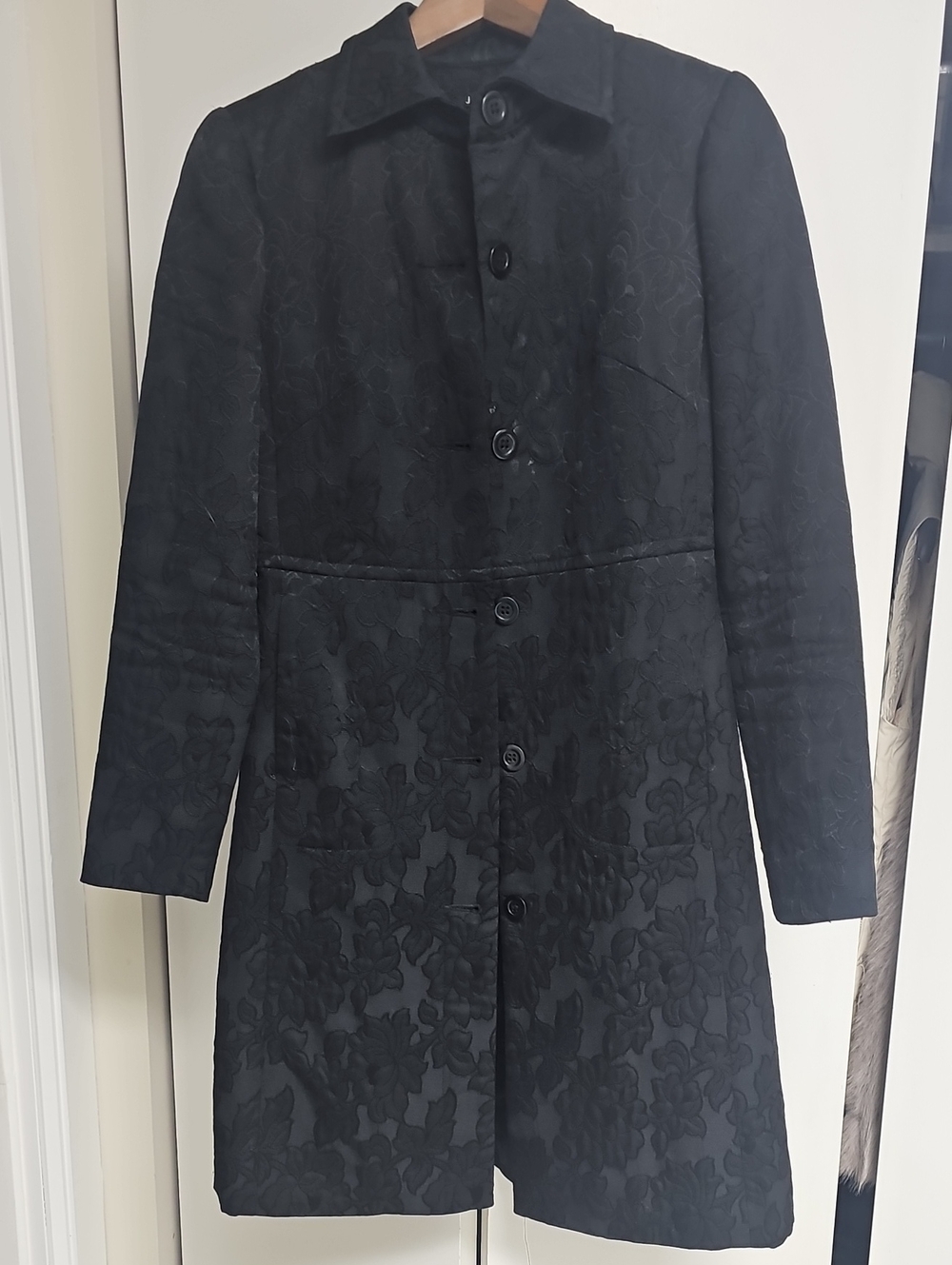Jacob Black Floral Jacquard Coat with Pink Trim